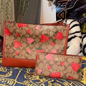 Coach Brown Tote and Wallet with Red Strawberry Print